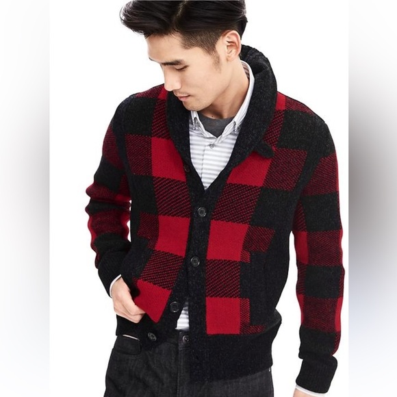 Banana Republic NWT Buffalo Check Shawl Collar Cardigan in Italian Yarn Large - Picture 1 of 11